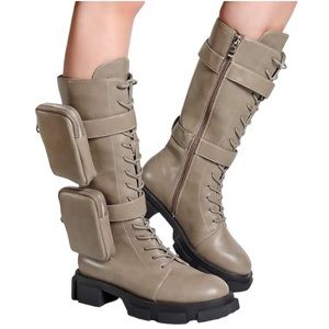 Tan Leather Lace-Up Knee High Cargo Boots